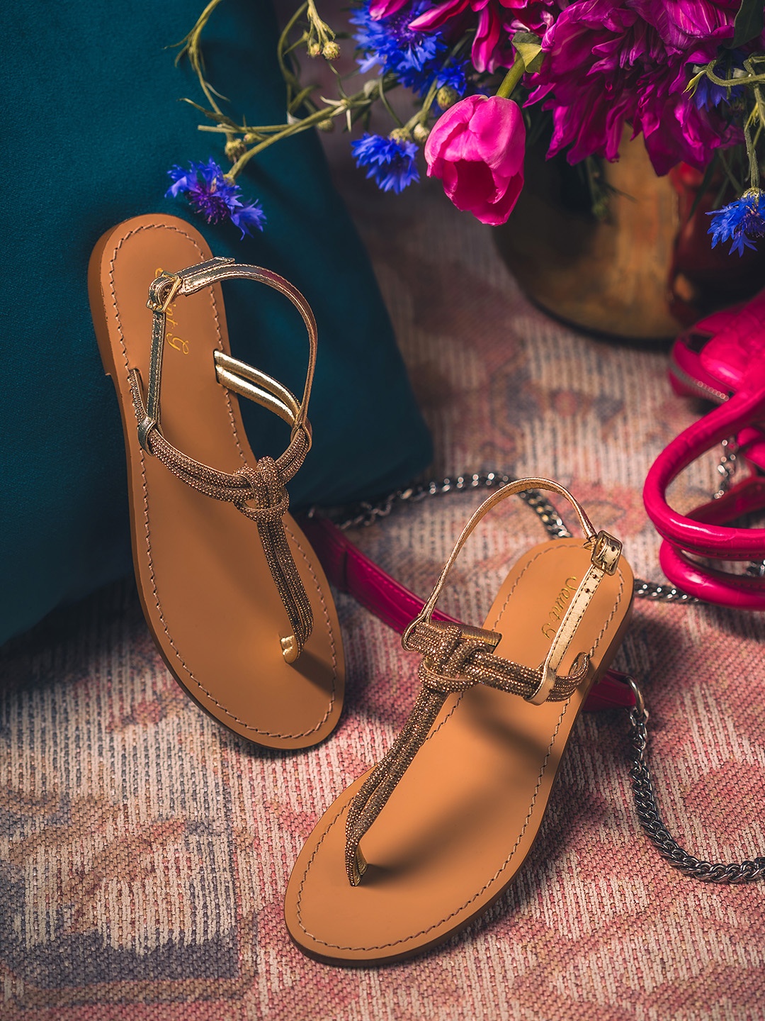 

Saint G Embellished Leather T-Strap Flats, Rose gold