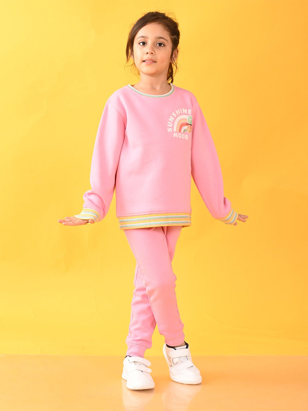 

Anthrilo Girls Printed Fleece T-shirt with Jogger, Pink