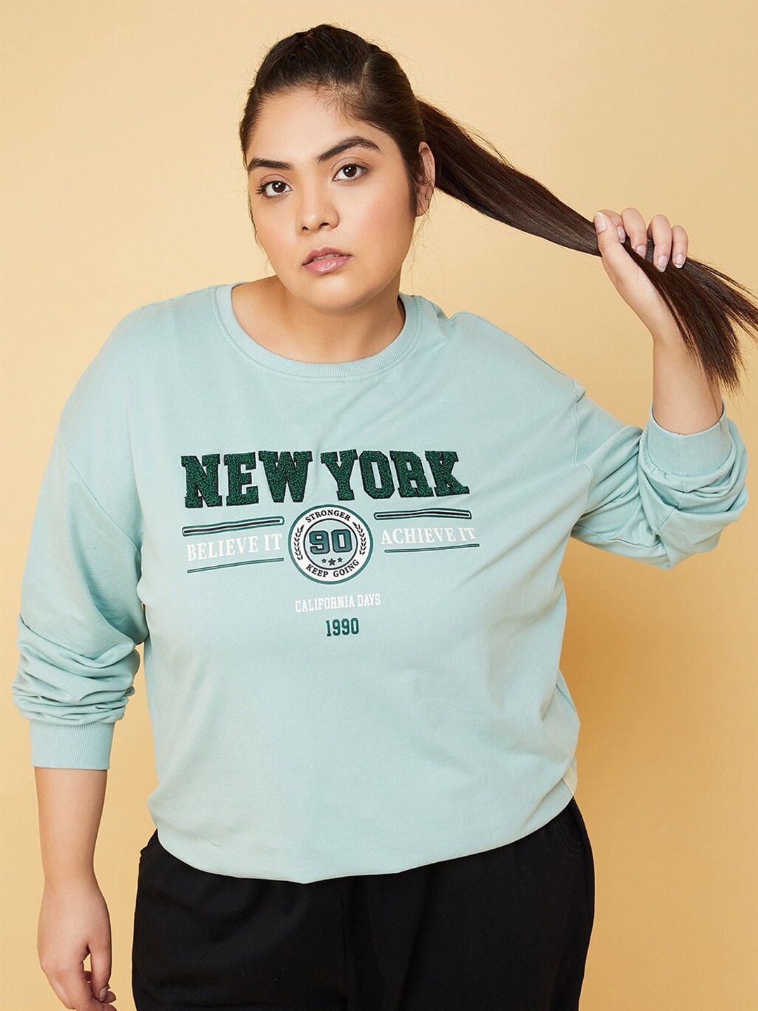 

max Plus Size Typography Printed Pure Cotton Pullover Sweatshirt, Green