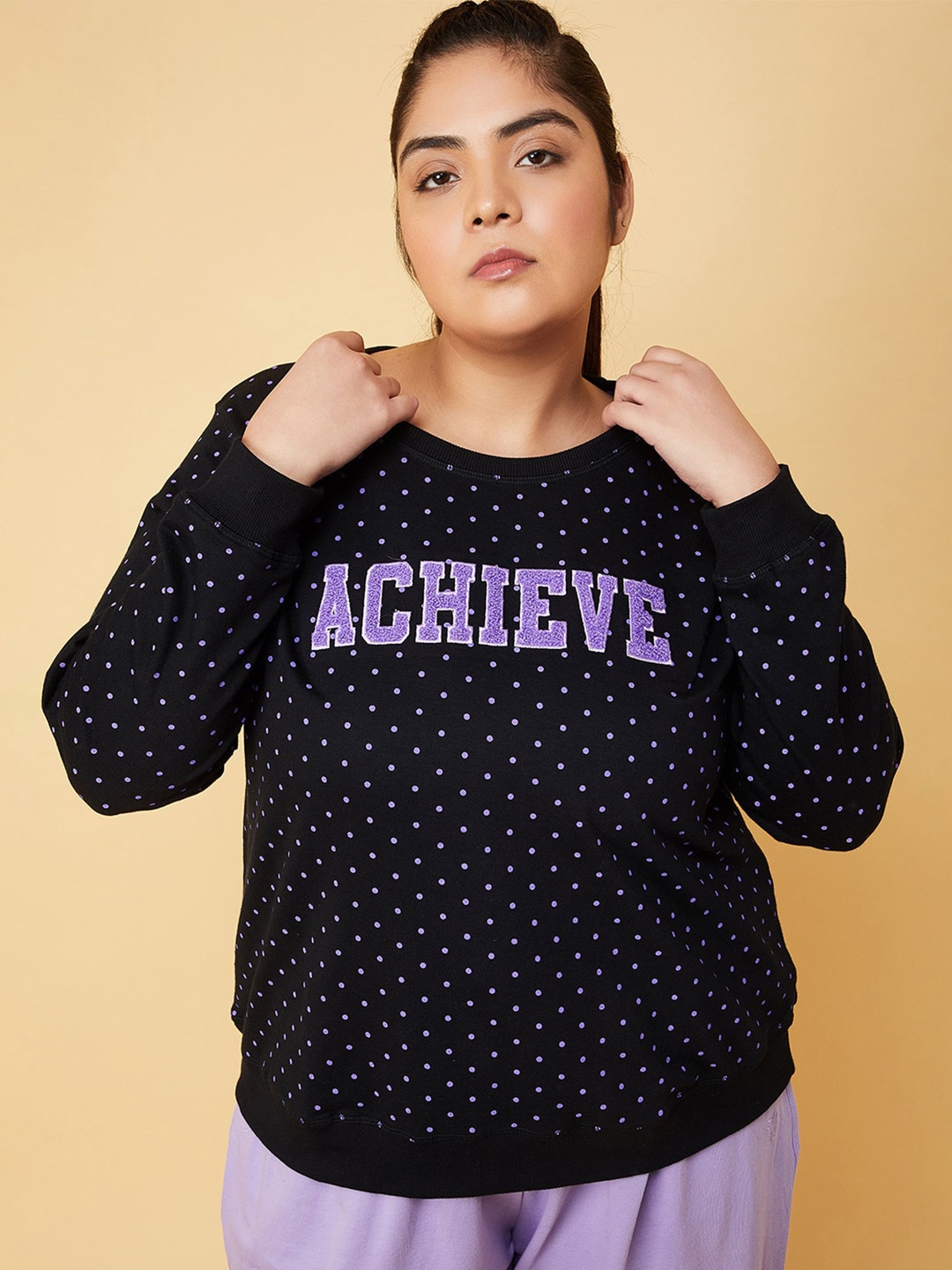 

max Plus Size Polka Dot Printed Pure Cotton Sweatshirt, Black