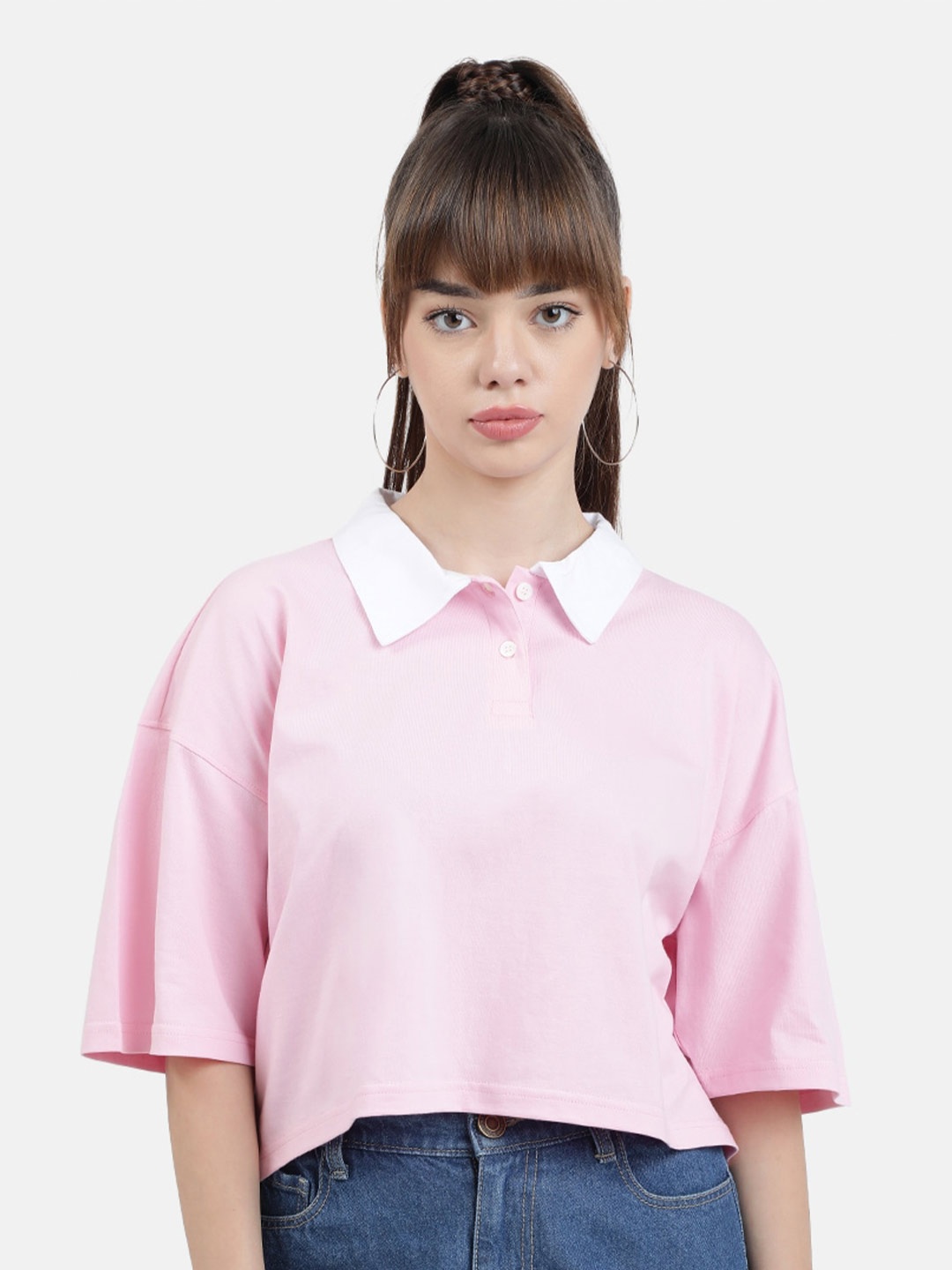 

Bene Kleed Contrast Polo Collar Drop-Shoulder Sleeves Cotton Oversized T-shirt, Pink