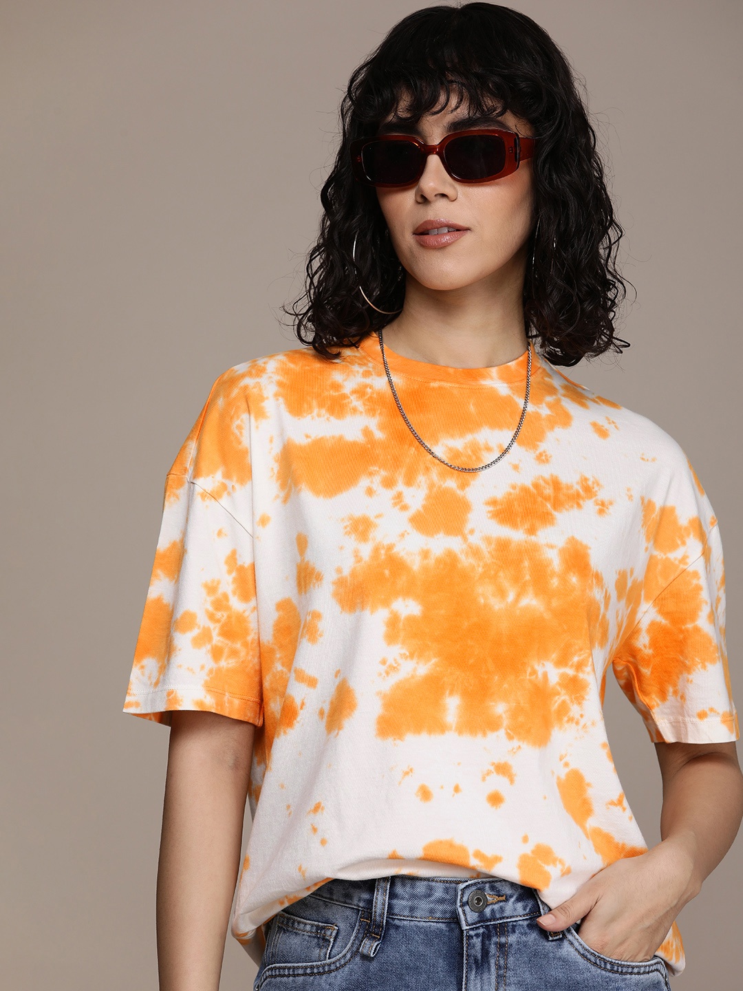 

Roadster Tie & Dye Dyed Drop-Shoulder Sleeves Boxy T-shirt, Orange