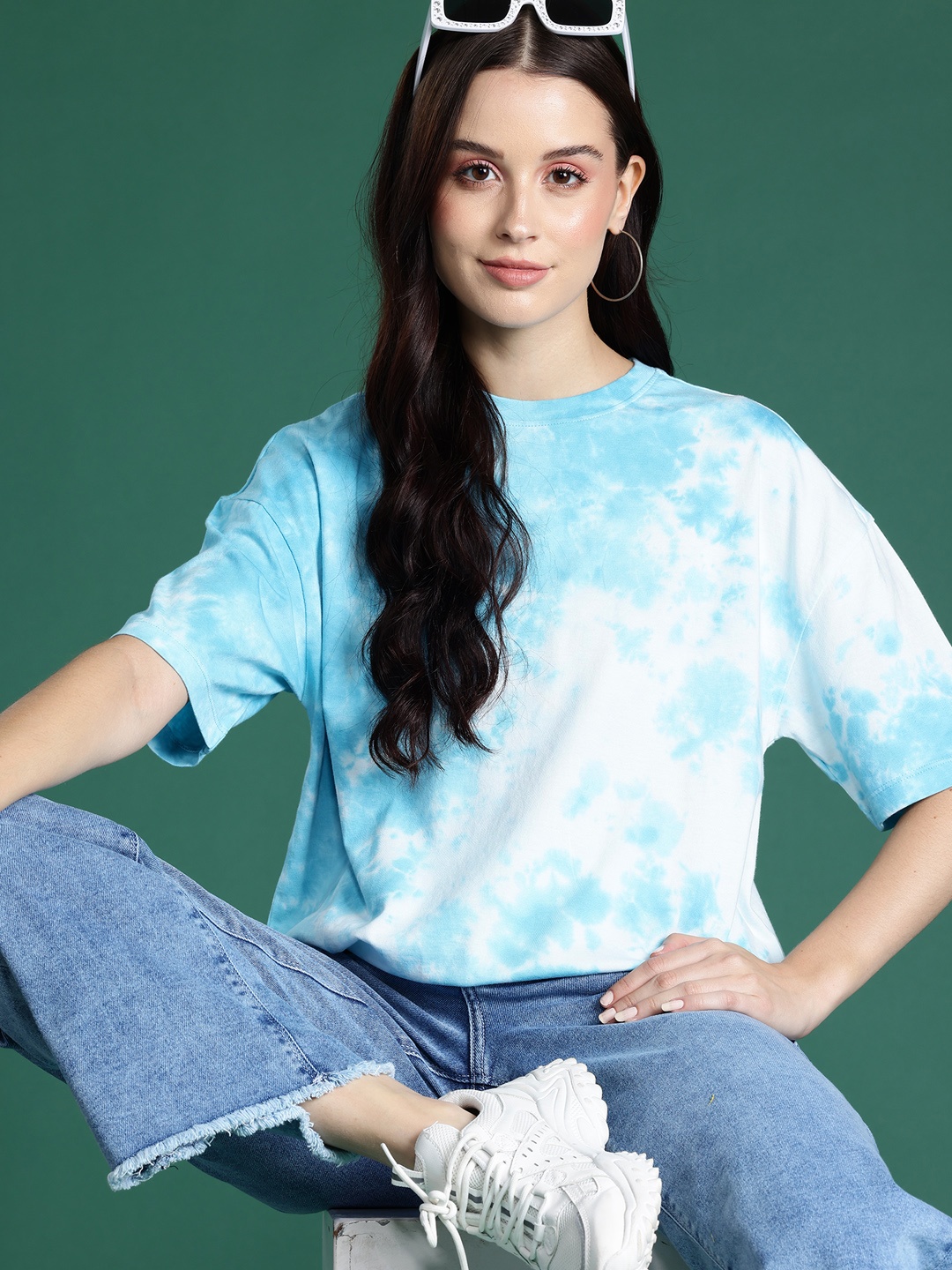 

DressBerry Women Tie & Dye Drop-Shoulder Sleeves Boxy T-shirt, Blue