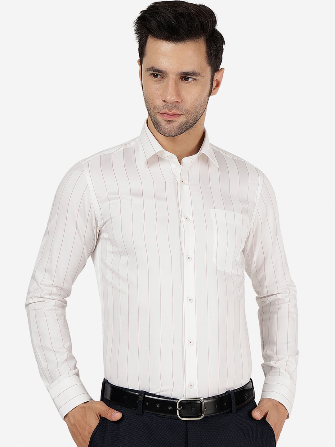 

JADE BLUE Slim Fit Vertical Striped Spread Collar Cotton Formal Shirt, White