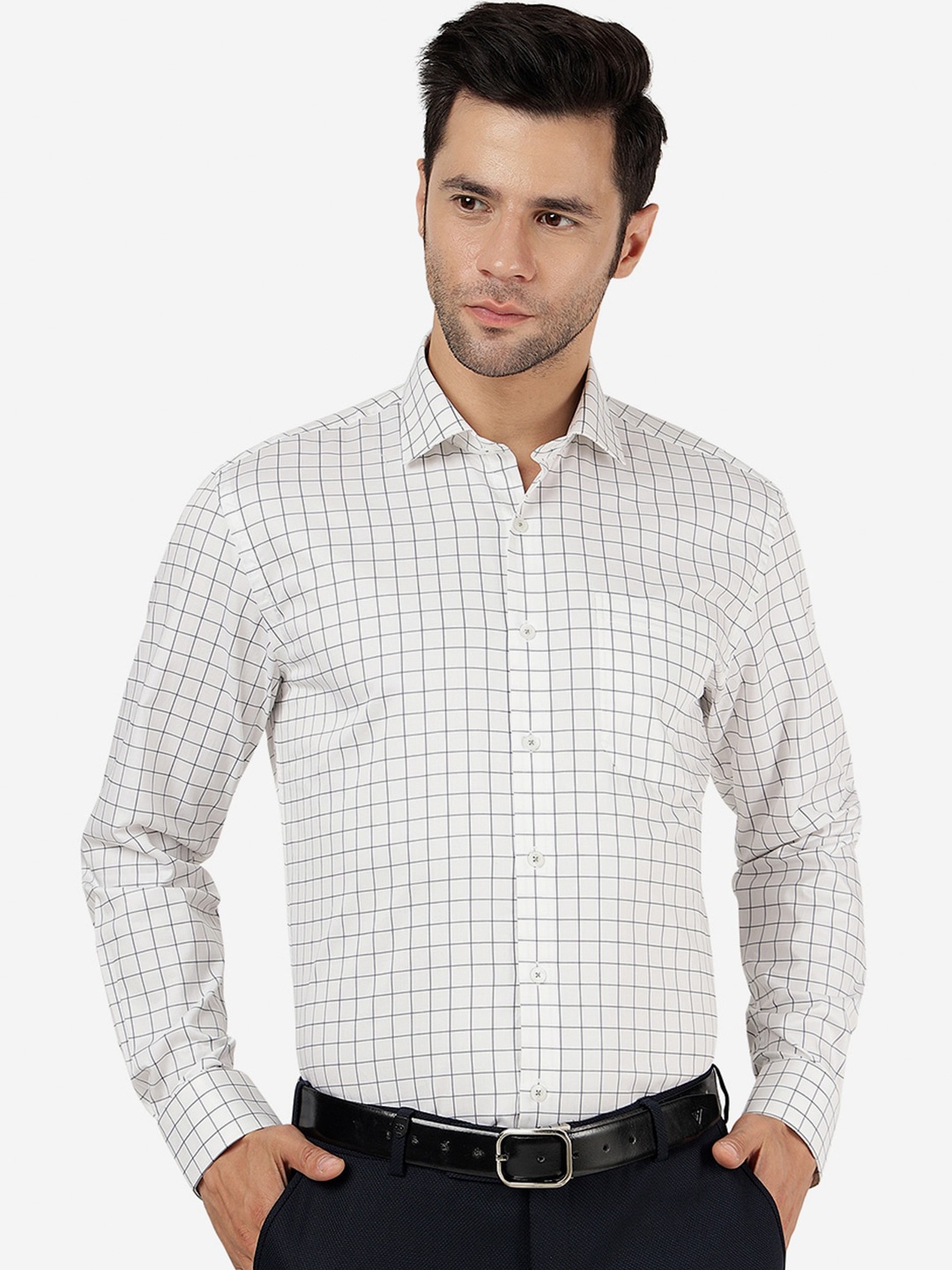 

JADE BLUE Grid Tattersall Checked Opaque Cotton Formal Shirt, White