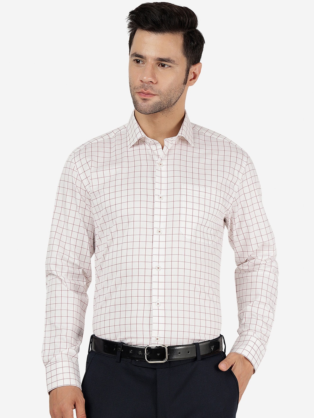 

JADE BLUE Grid Tattersall Checked Opaque Cotton Formal Shirt, White