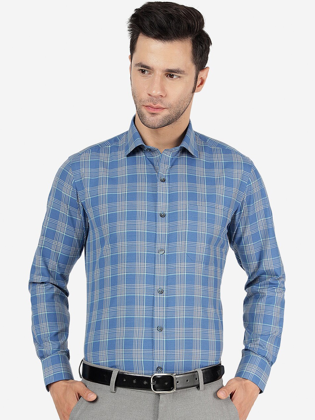 

Greenfibre Slim Fit Tartan Checks Checked Cotton Formal Shirt, Blue