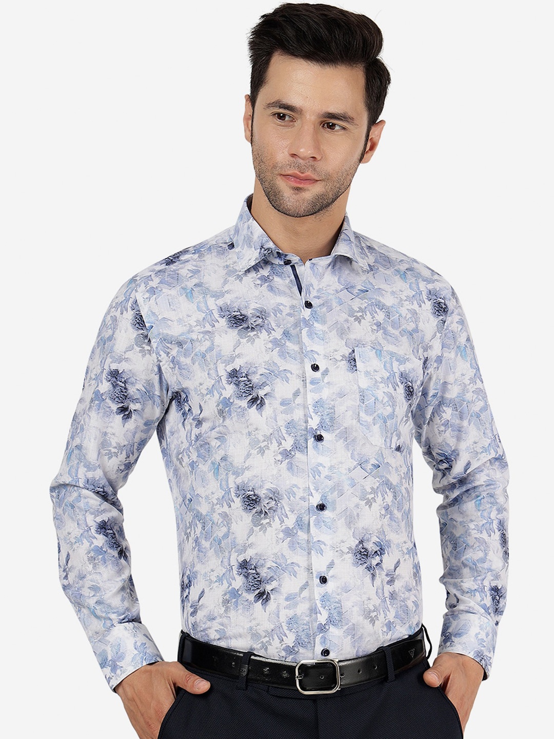 

Greenfibre Slim Fit Floral Printed Cotton Formal Shirt, Blue