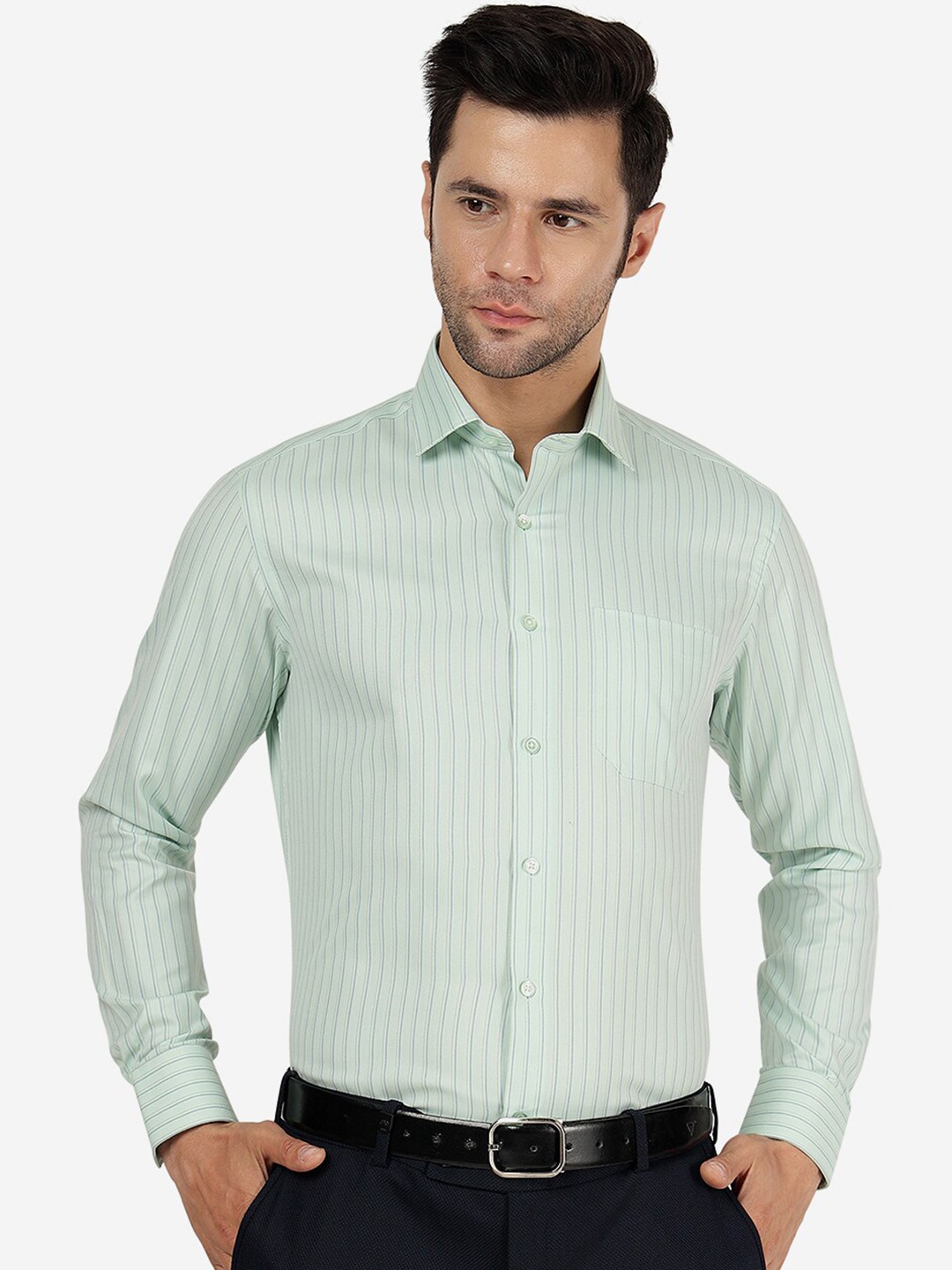 

Greenfibre Slim Fit Striped Cotton Formal Shirt, Green