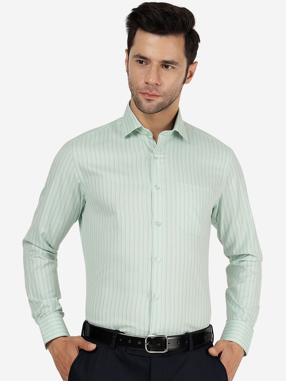 

Greenfibre Slim Fit Striped Cotton Formal Shirt, Green