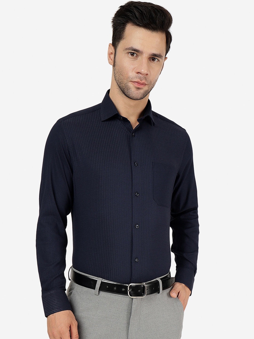 

Greenfibre Slim Fit Self Design Textured Spread Collar Chest Pocket Cotton Formal Shirt, Blue