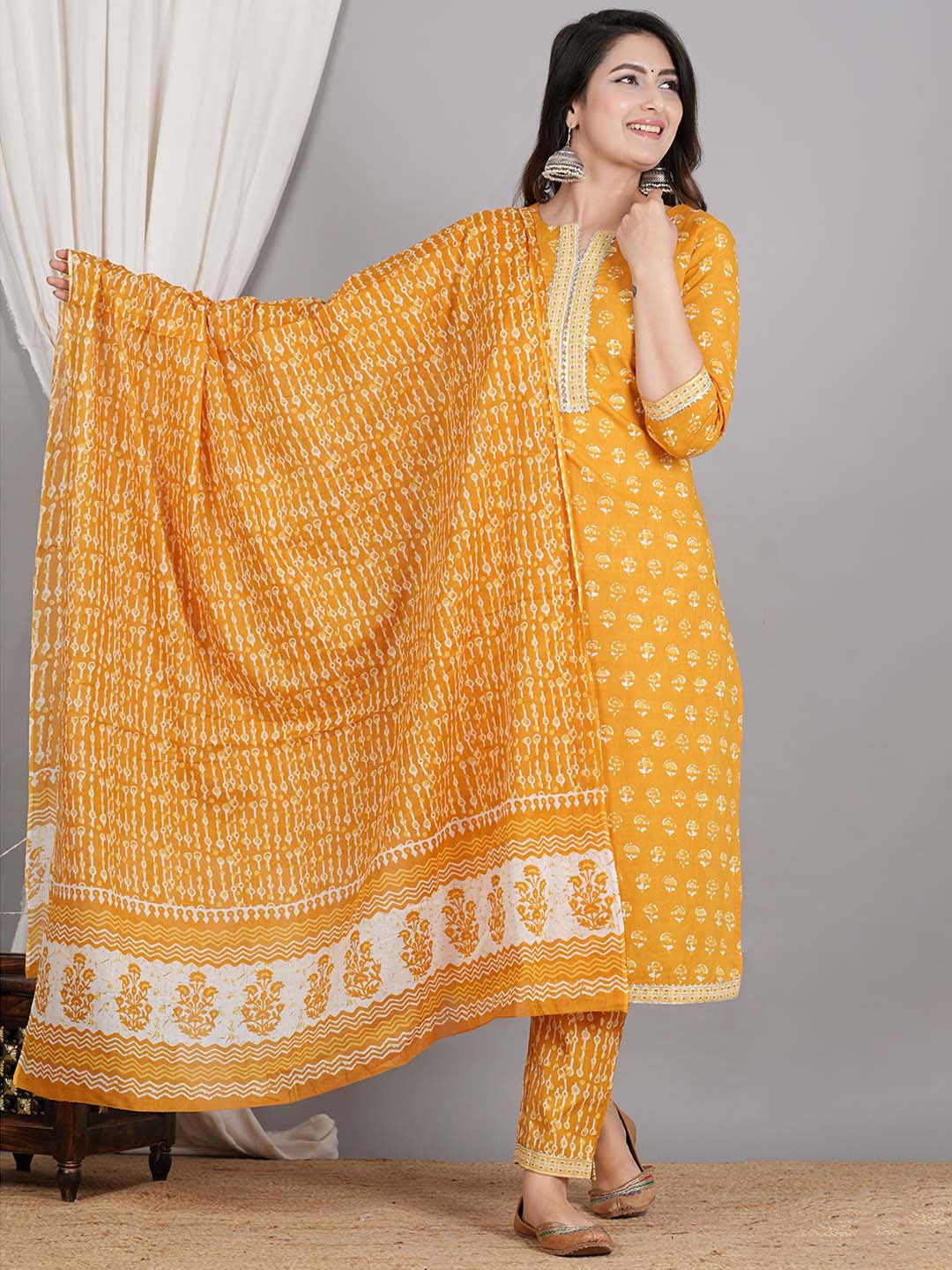 

ZOYOTO Floral Printed Regular Gotta Patti Pure Cotton Kurta With Trousers & Dupatta, Yellow