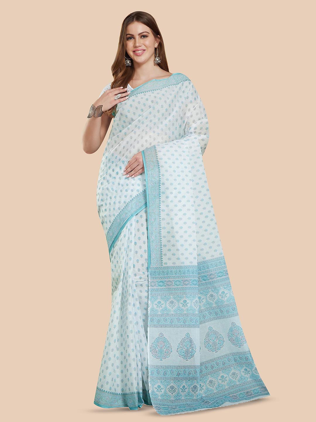 

Rani Saahiba Ethnic Motifs Printed Pure Cotton Bagru Saree, White