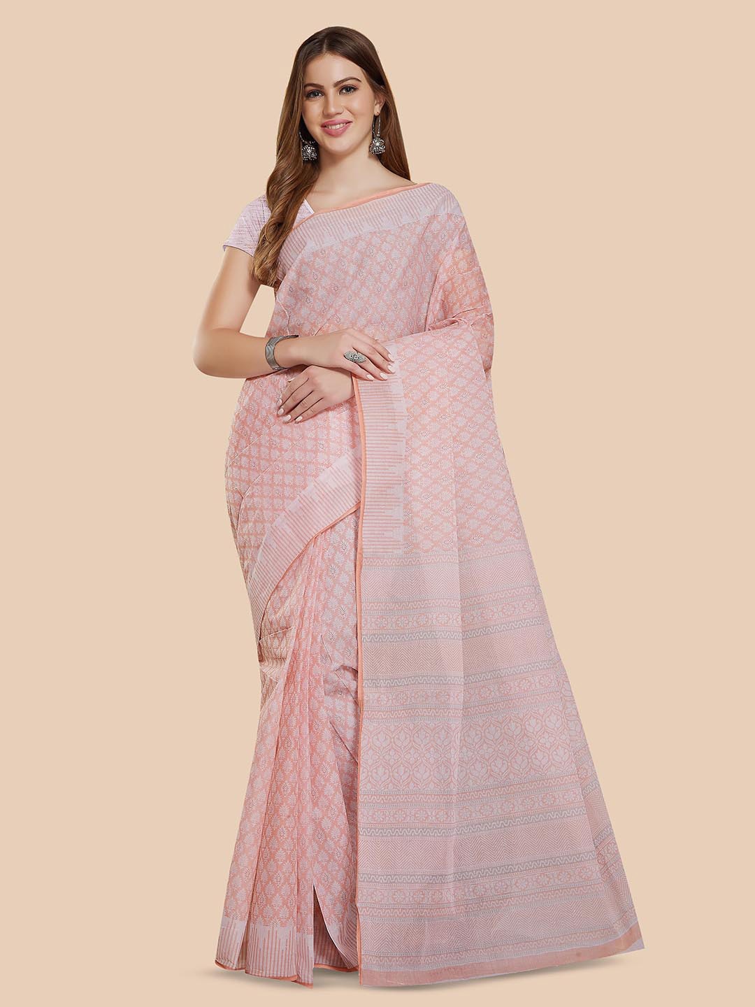 

Rani Saahiba Ethnic Motifs Printed Pure Cotton Bagru Saree, White
