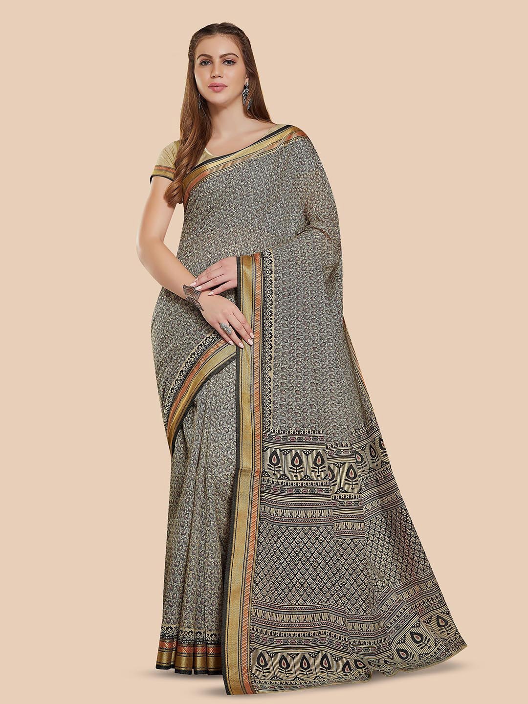 

Rani Saahiba Ethnic Motifs Printed Zari Gadwal Saree, Beige