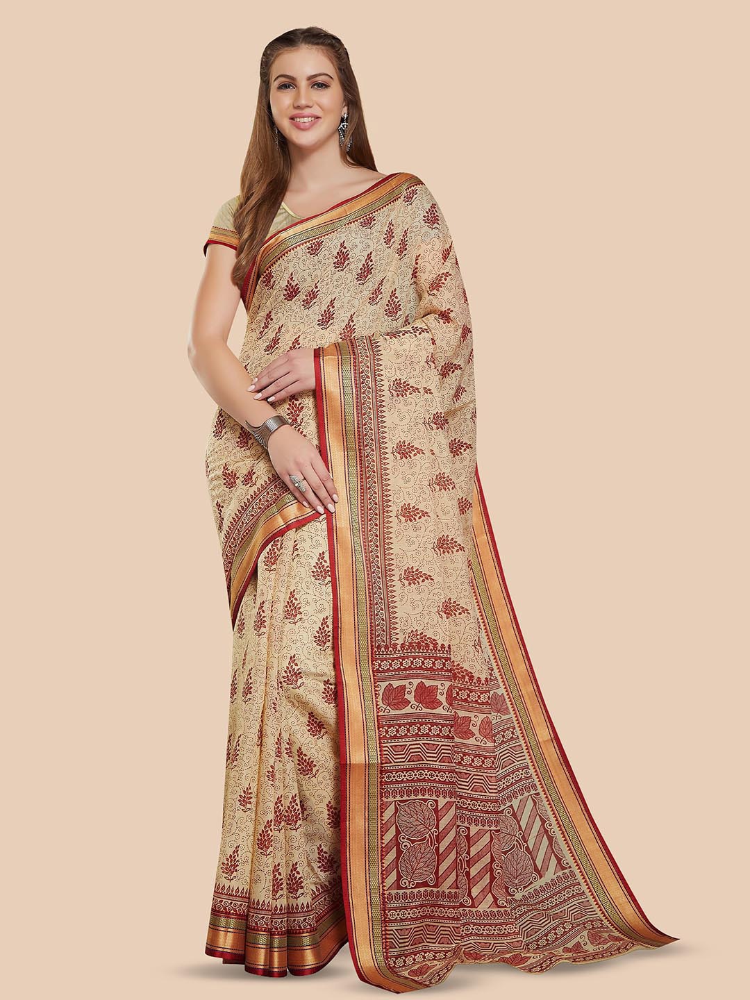 

Rani Saahiba Ethnic Motifs Printed Zari Gadwal Saree, Beige