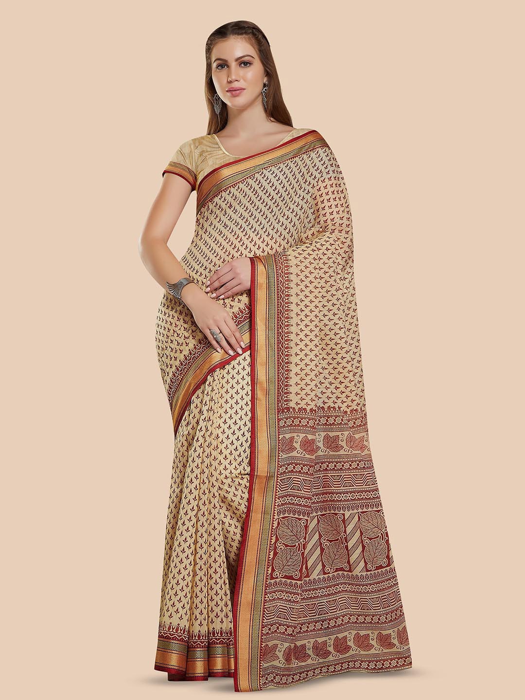 

Rani Saahiba Ethnic Motifs Printed Zari Gadwal Saree, Beige