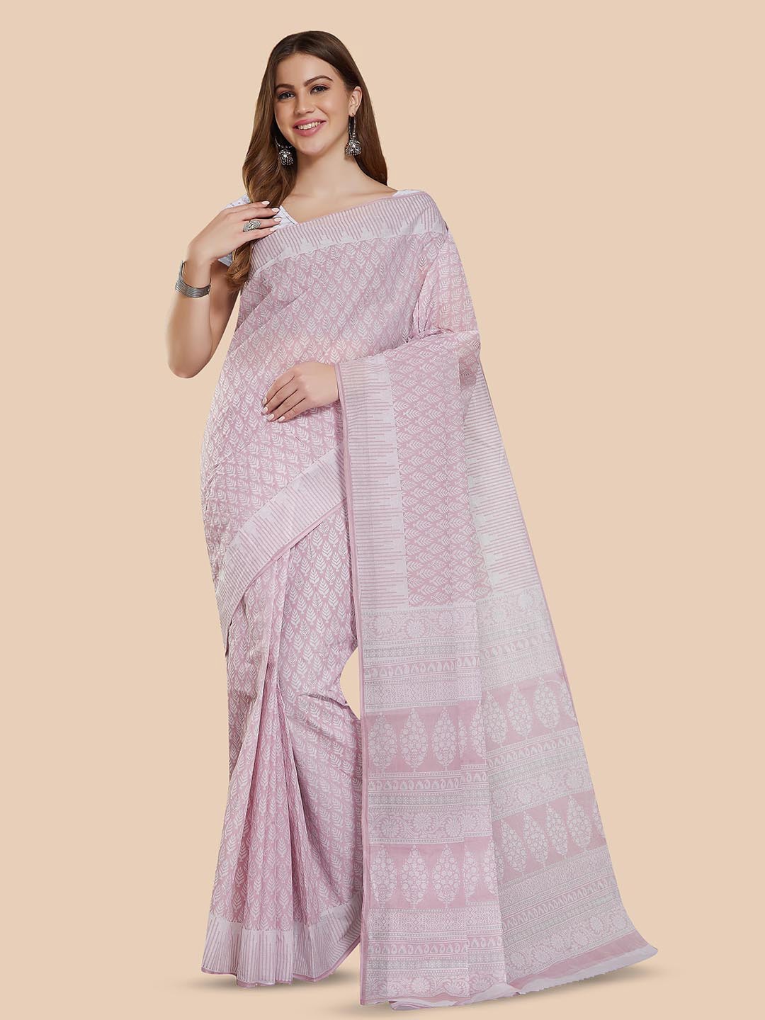 

Rani Saahiba Ethnic Motifs Printed Pure Cotton Bagru Saree, White