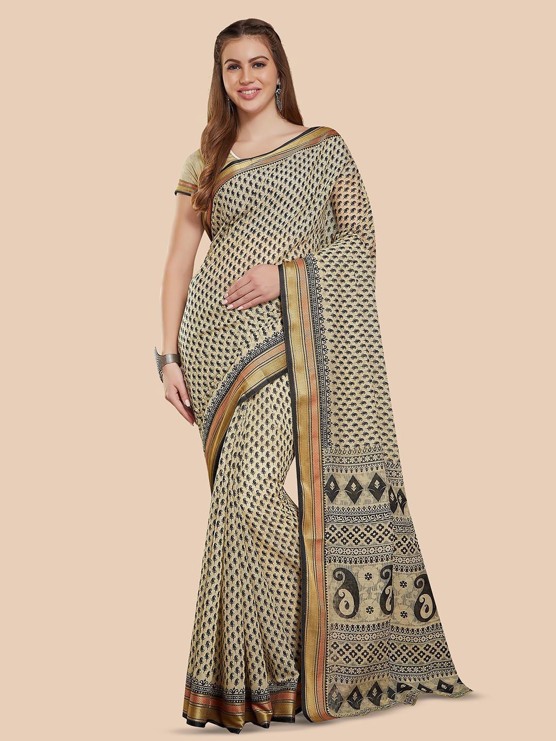 

Rani Saahiba Ethnic Motifs Printed Zari Gadwal Saree, Beige