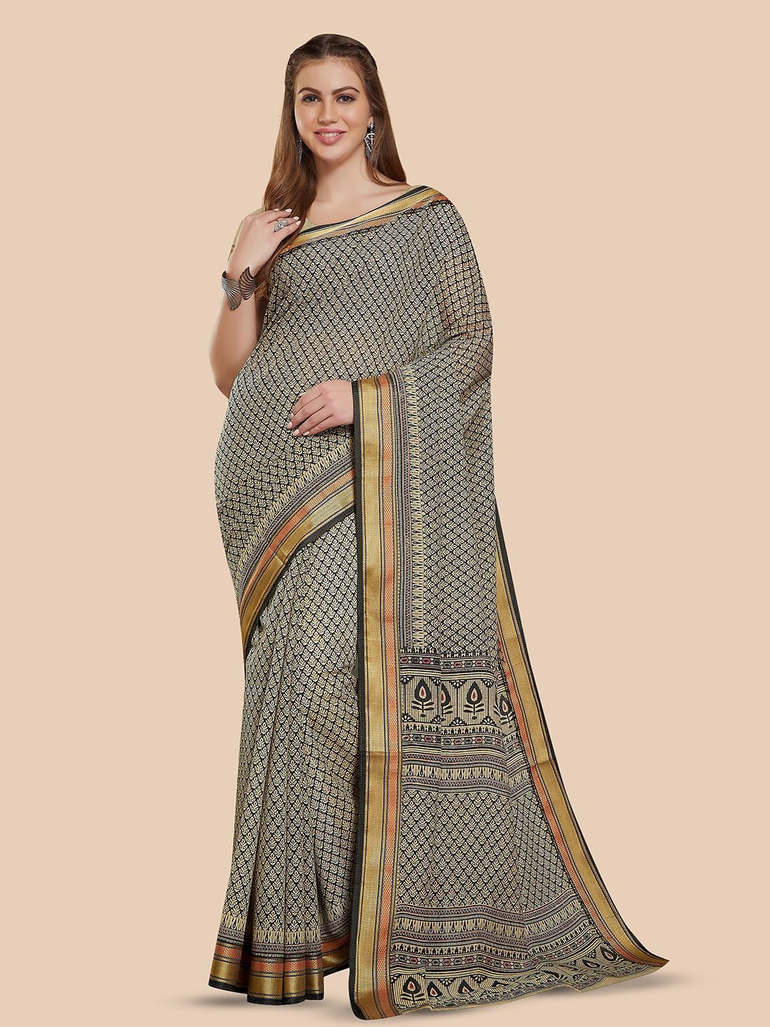 

Rani Saahiba Ethnic Motifs Printed Zari Gadwal Saree, Beige