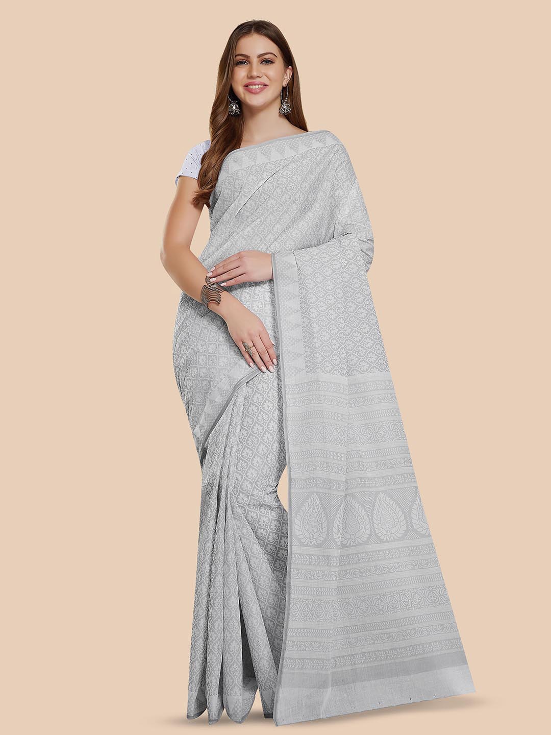

Rani Saahiba Ethnic Motifs Printed Pure Cotton Bagru Saree, White