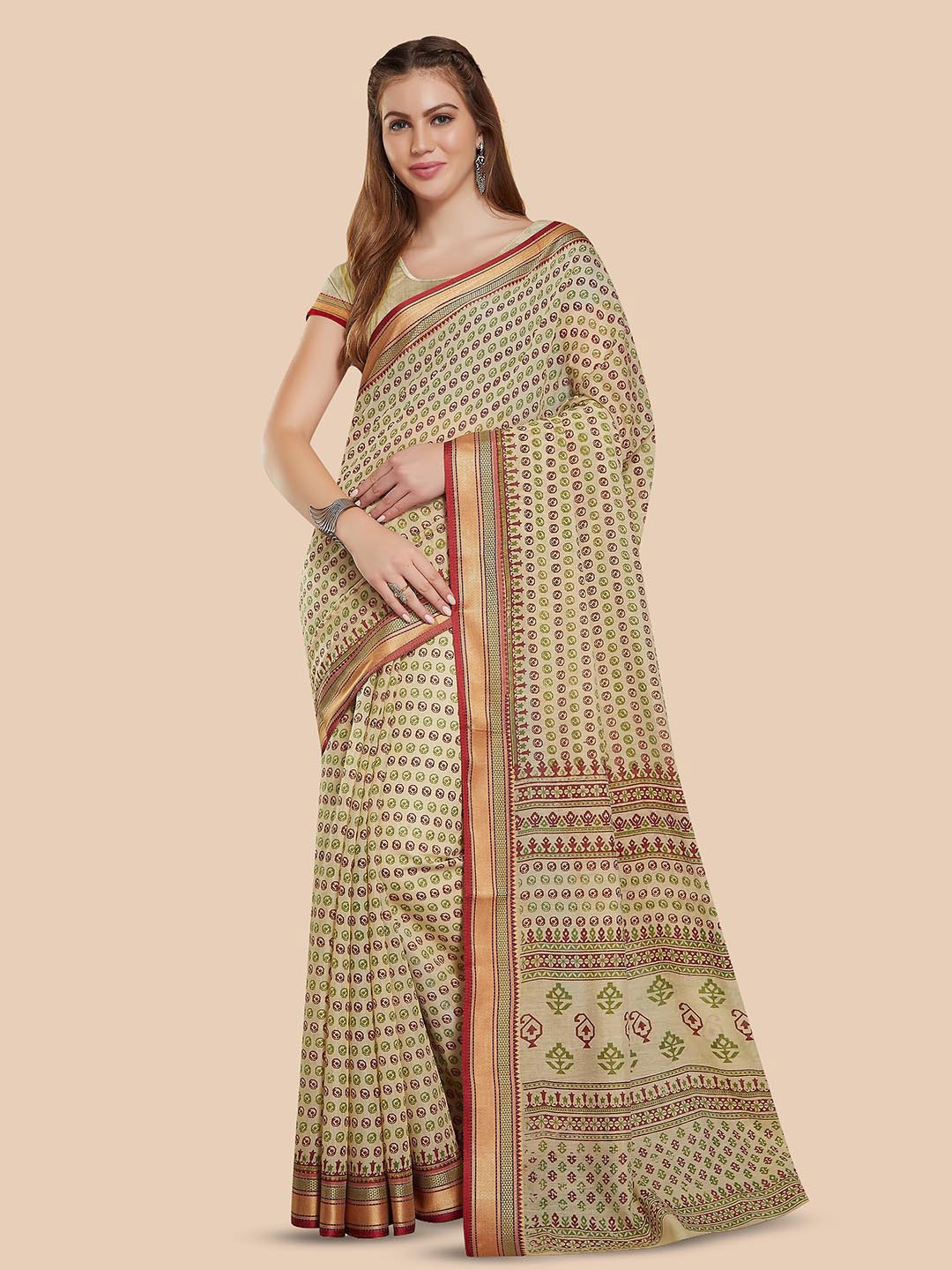 

Rani Saahiba Ethnic Motifs Printed Zari Gadwal Saree, Beige
