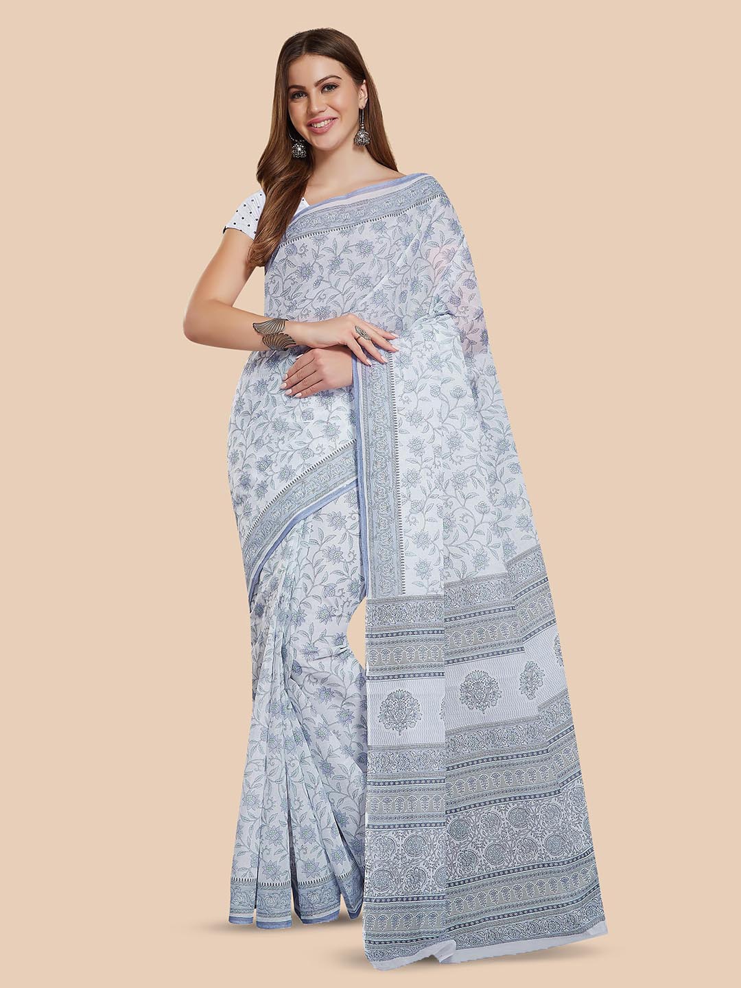 

Rani Saahiba Ethnic Motifs Printed Pure Cotton Bagru Saree, White