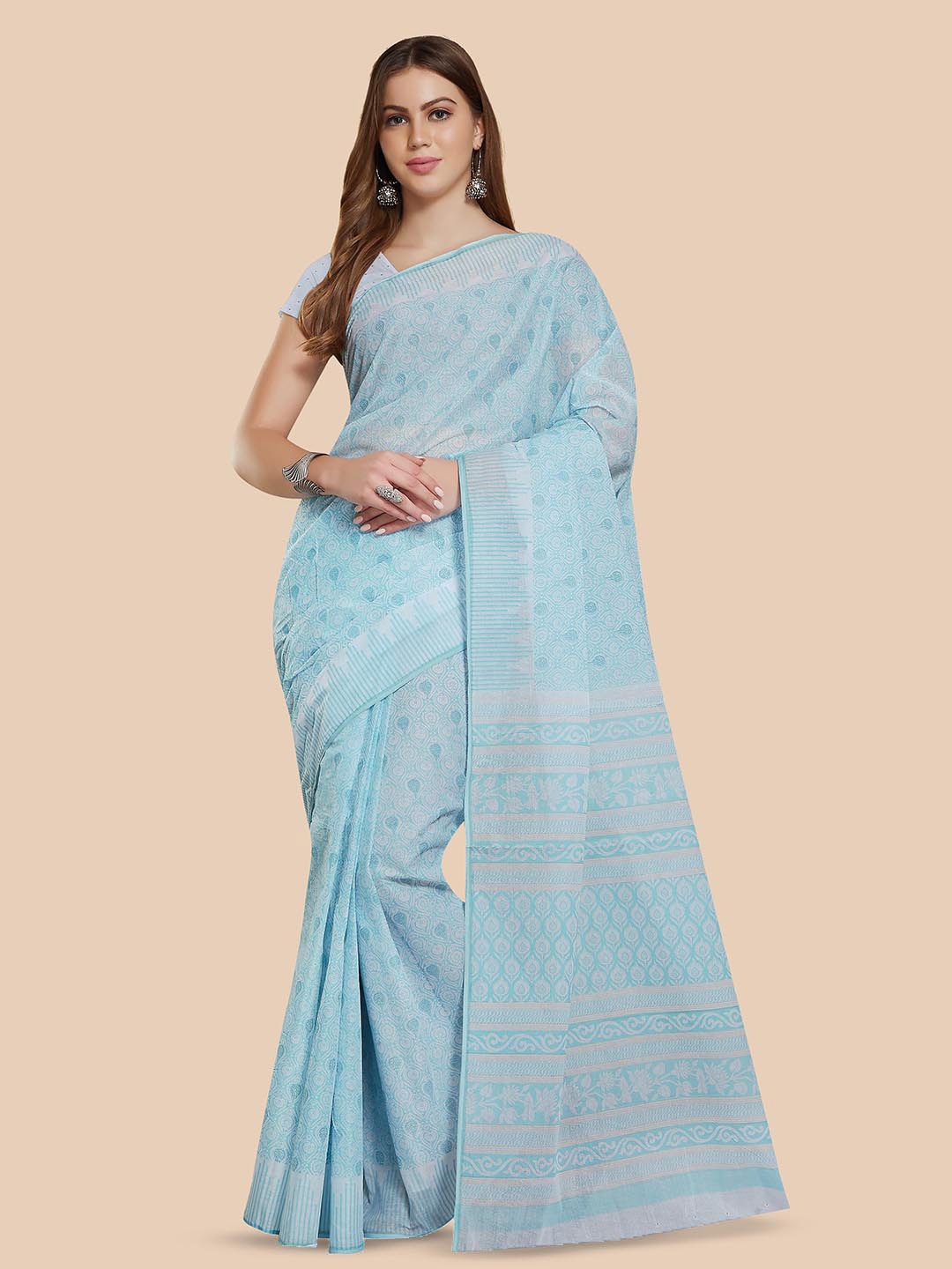 

Rani Saahiba Ethnic Motifs Printed Pure Cotton Bagru Saree, White