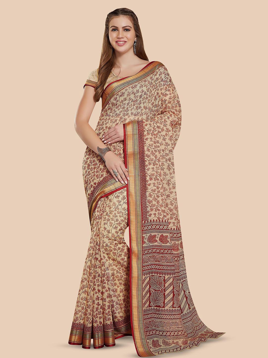 

Rani Saahiba Ethnic Motifs Printed Zari Gadwal Saree, Beige