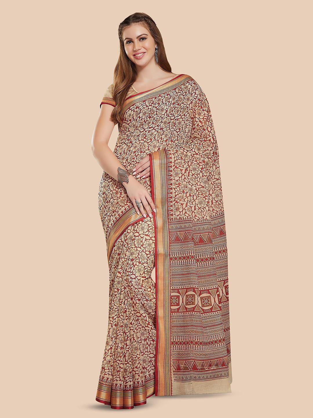 

Rani Saahiba Floral Printed Zari Gadwal Saree, Beige