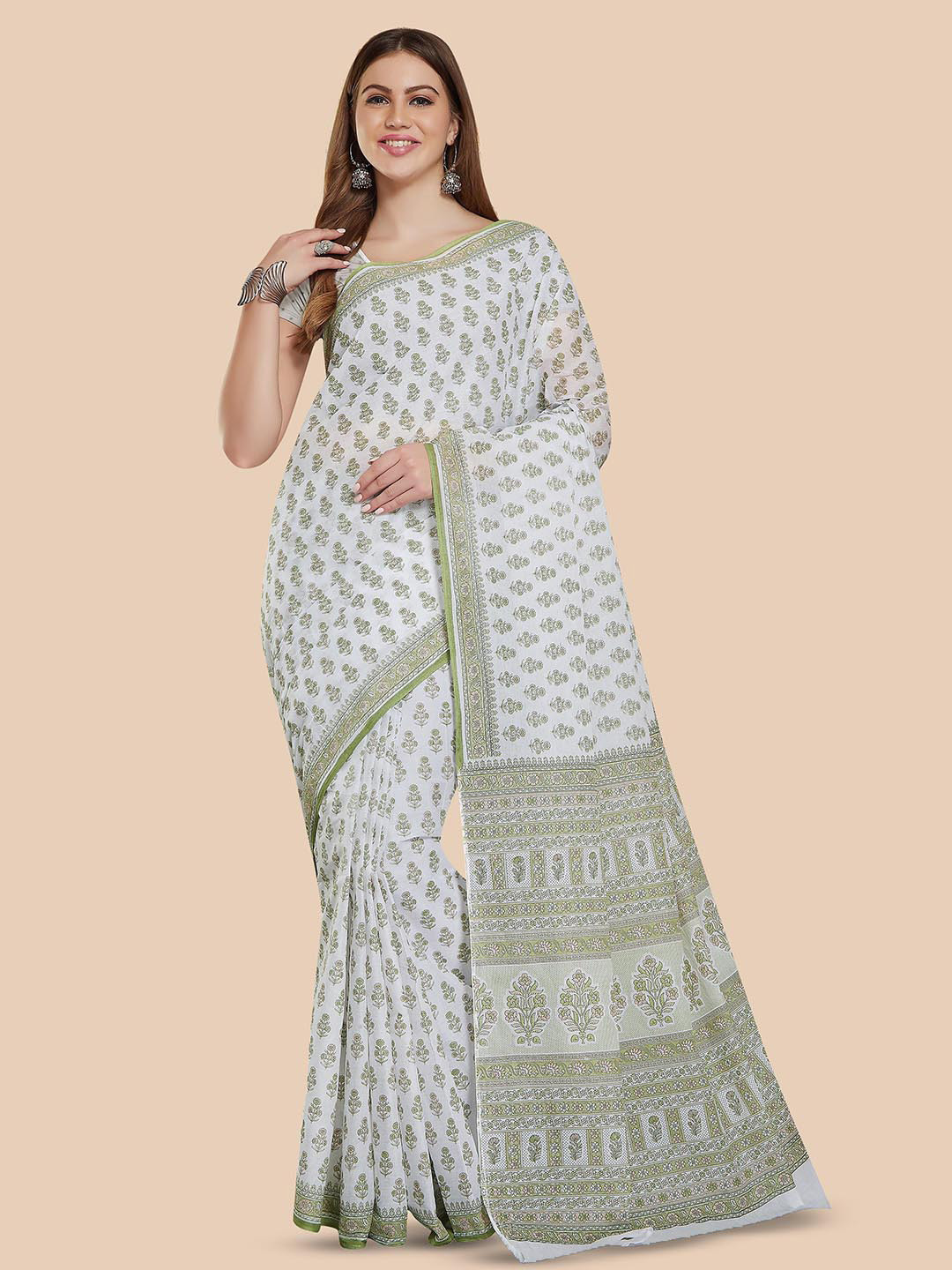 

Rani Saahiba Floral Printed Pure Cotton Bagru Saree, White