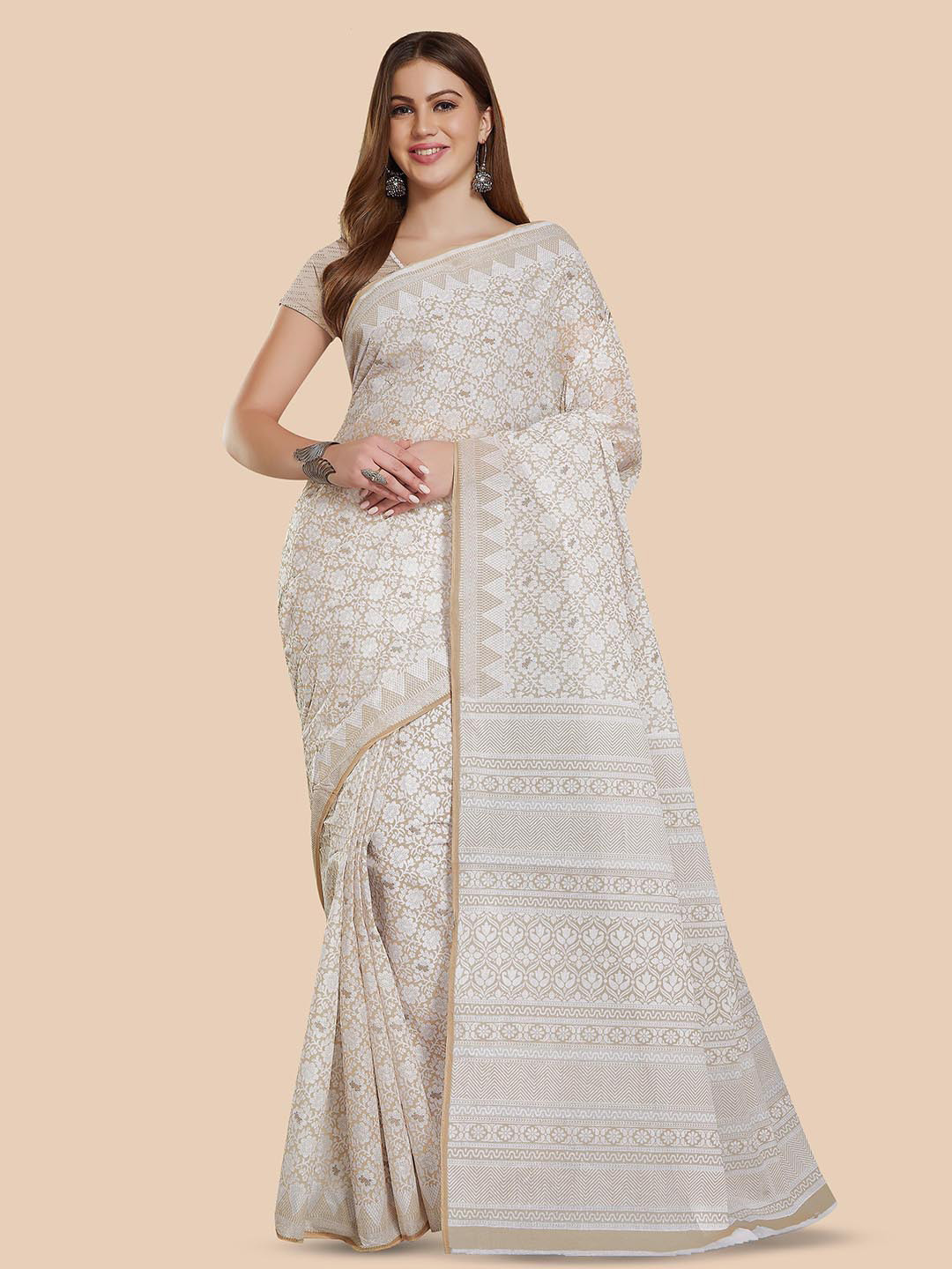 

Rani Saahiba Floral Printed Pure Cotton Bagru Saree, White