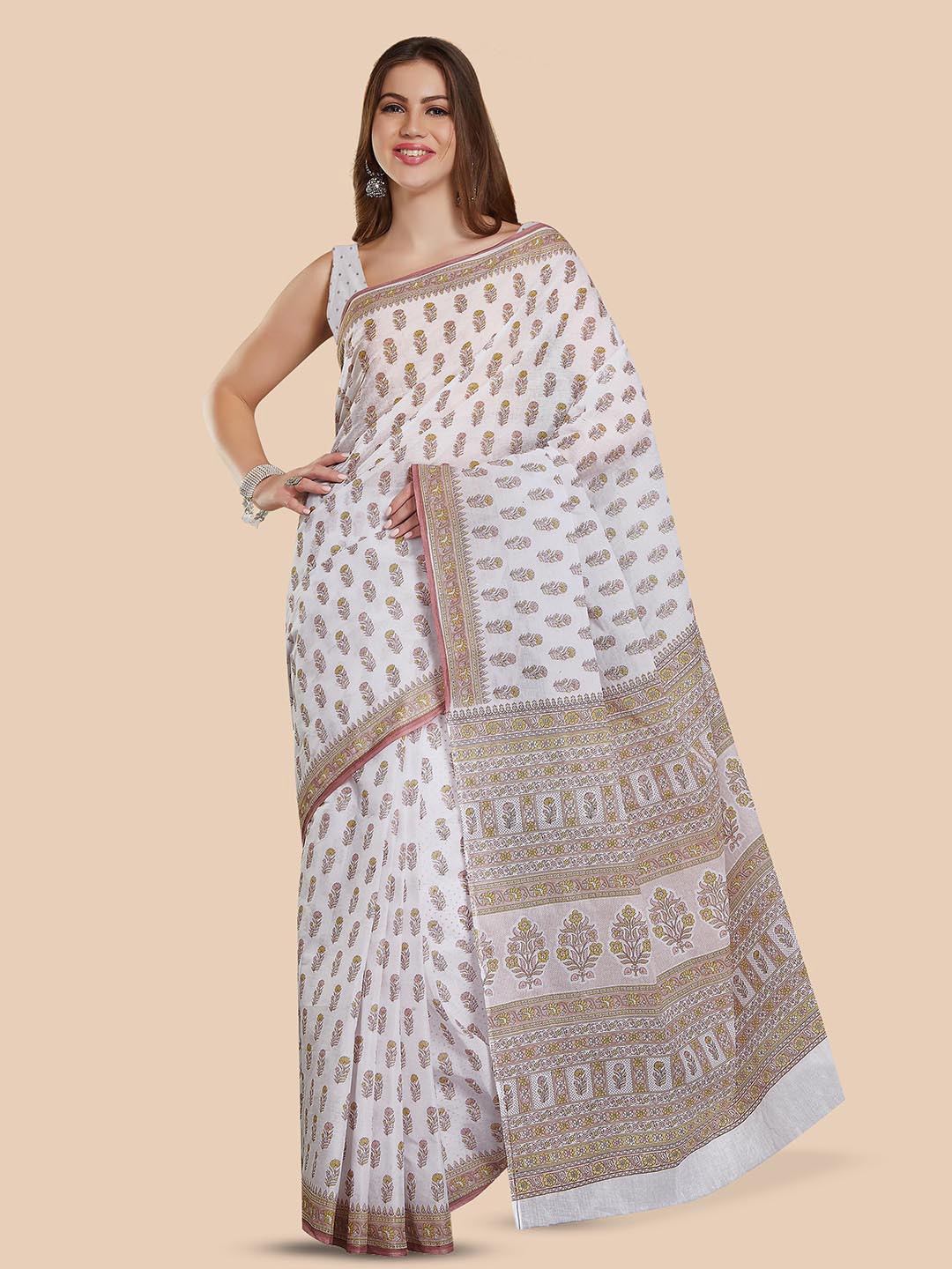 

Rani Saahiba Floral Printed Pure Cotton Bagru Saree, White