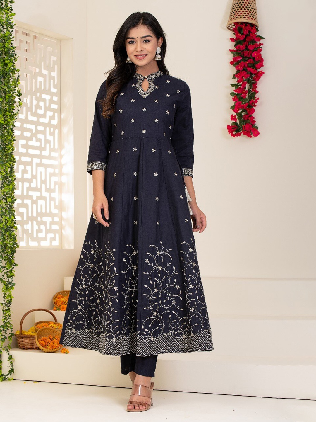 

WEAVERS SAGA Zari Embroidered Pure Cotton Designer Anarkali Kurta With Dupatta, Blue