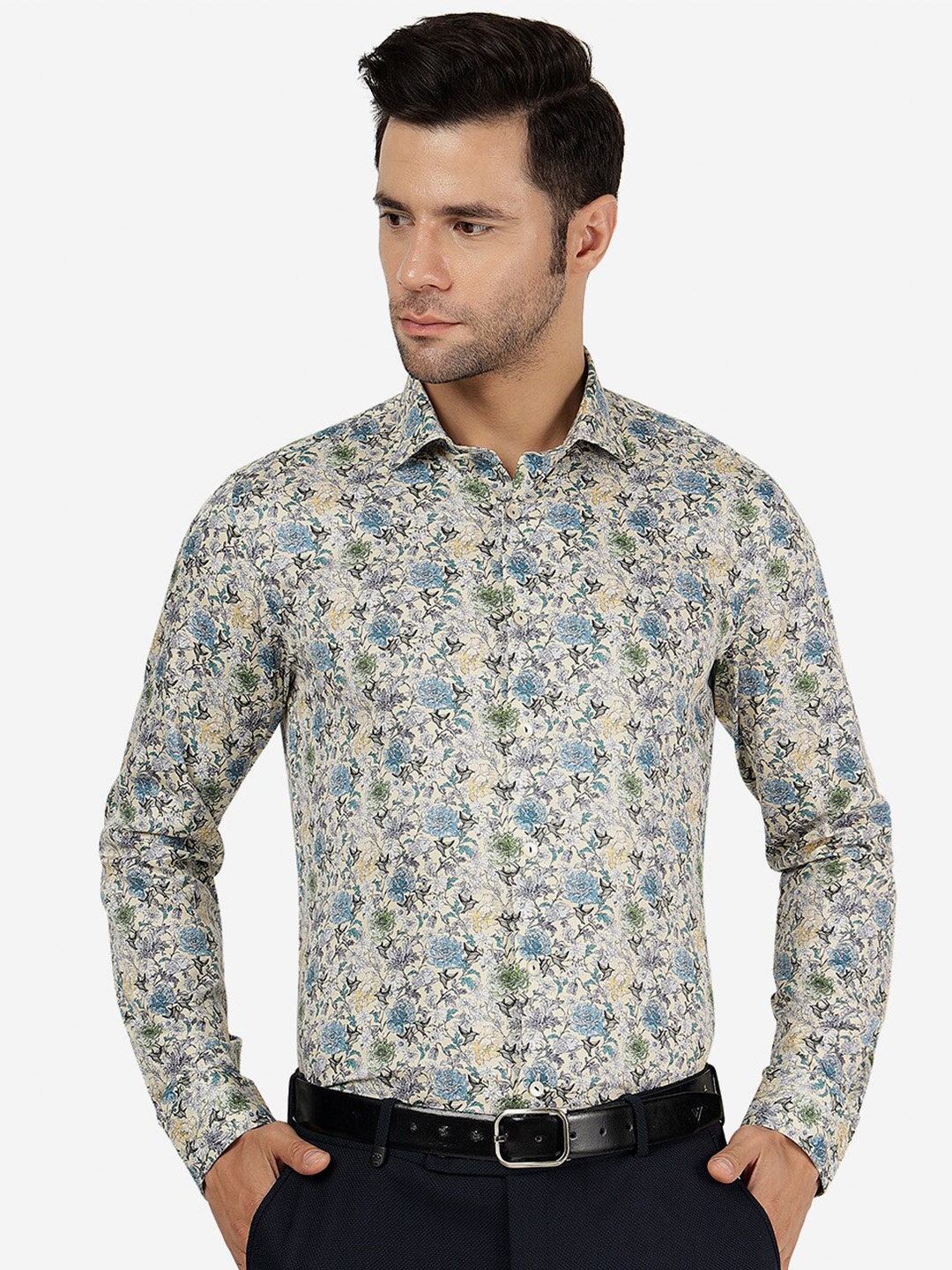 

WYRE Floral Printed Cotton Slim Fit Formal Shirt, Cream