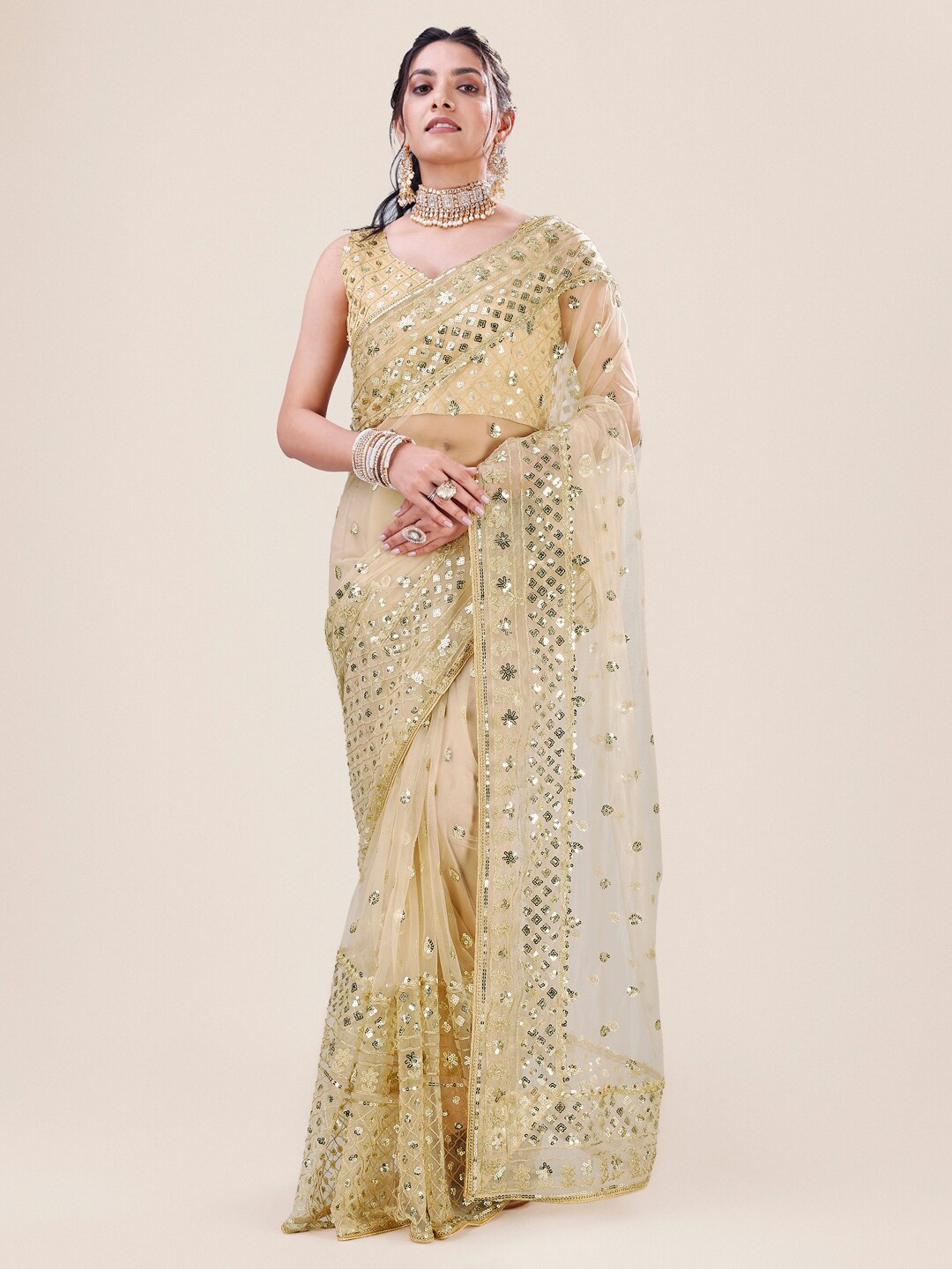 

Roykals Embellished Sequinned Net Saree, Gold