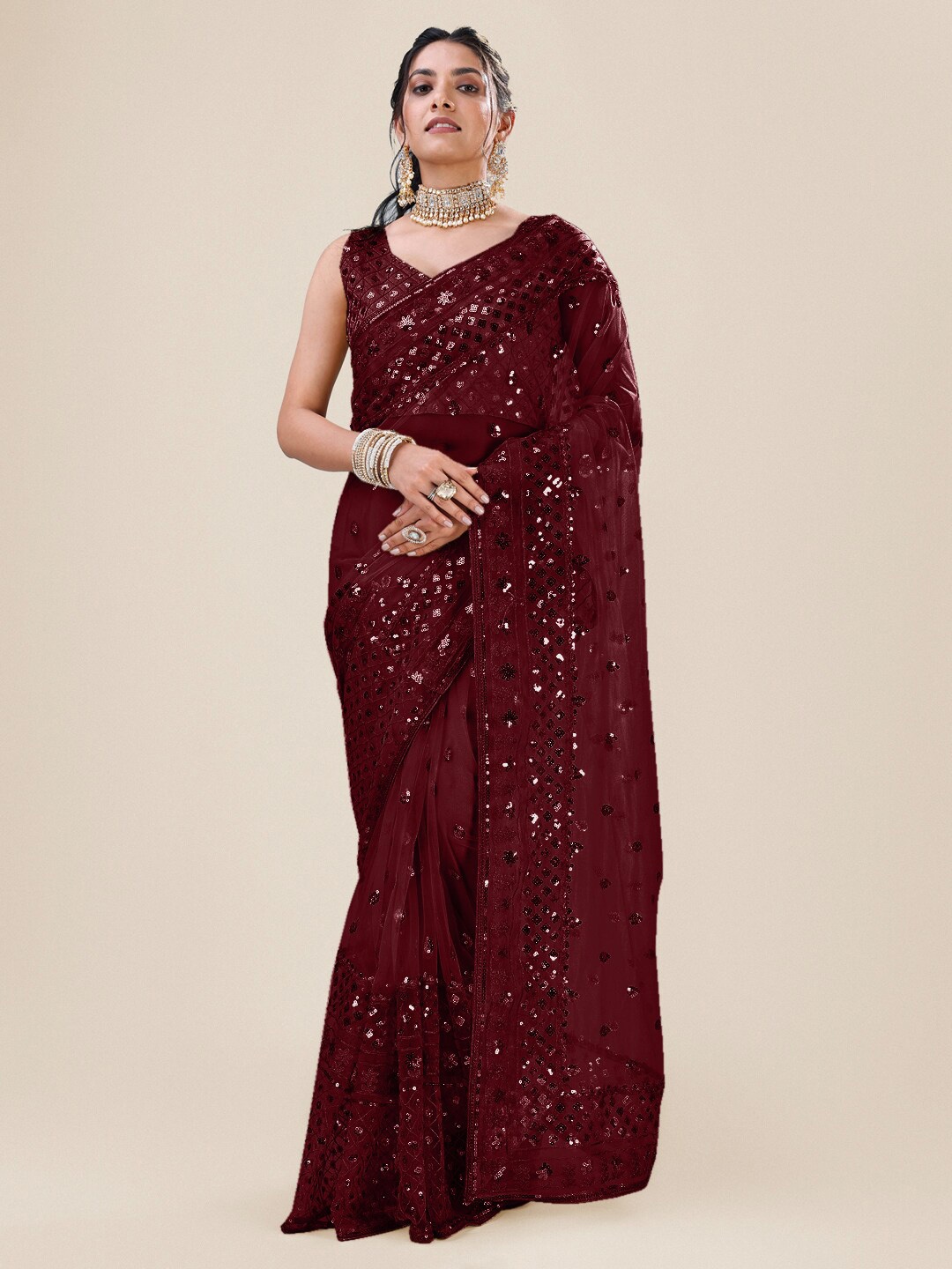 

Roykals Embellished Sequinned Net Saree, Maroon