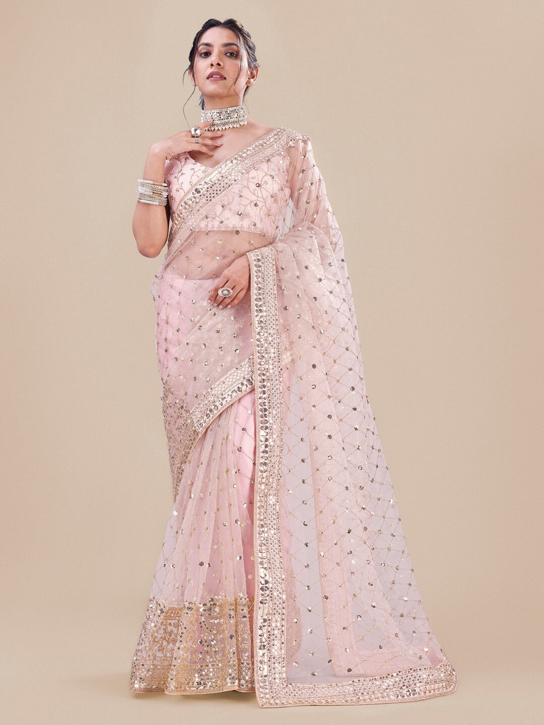 

Roykals Embellished Sequinned Net Saree, Pink