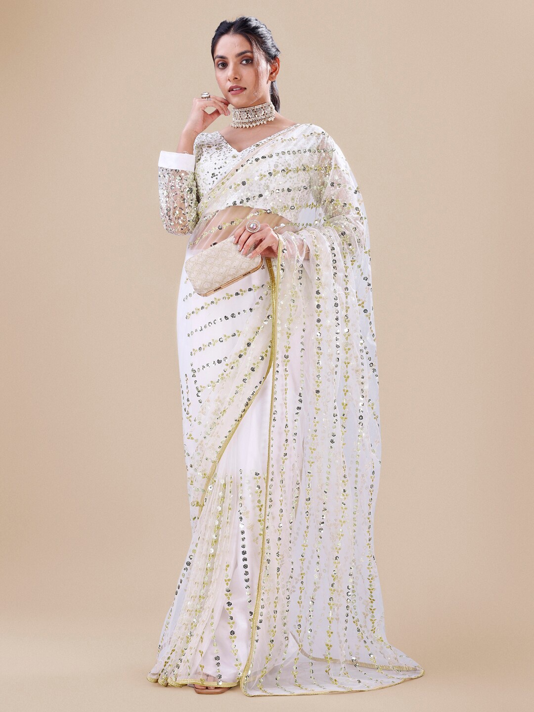 

Roykals Embellished Sequinned Net Saree, White