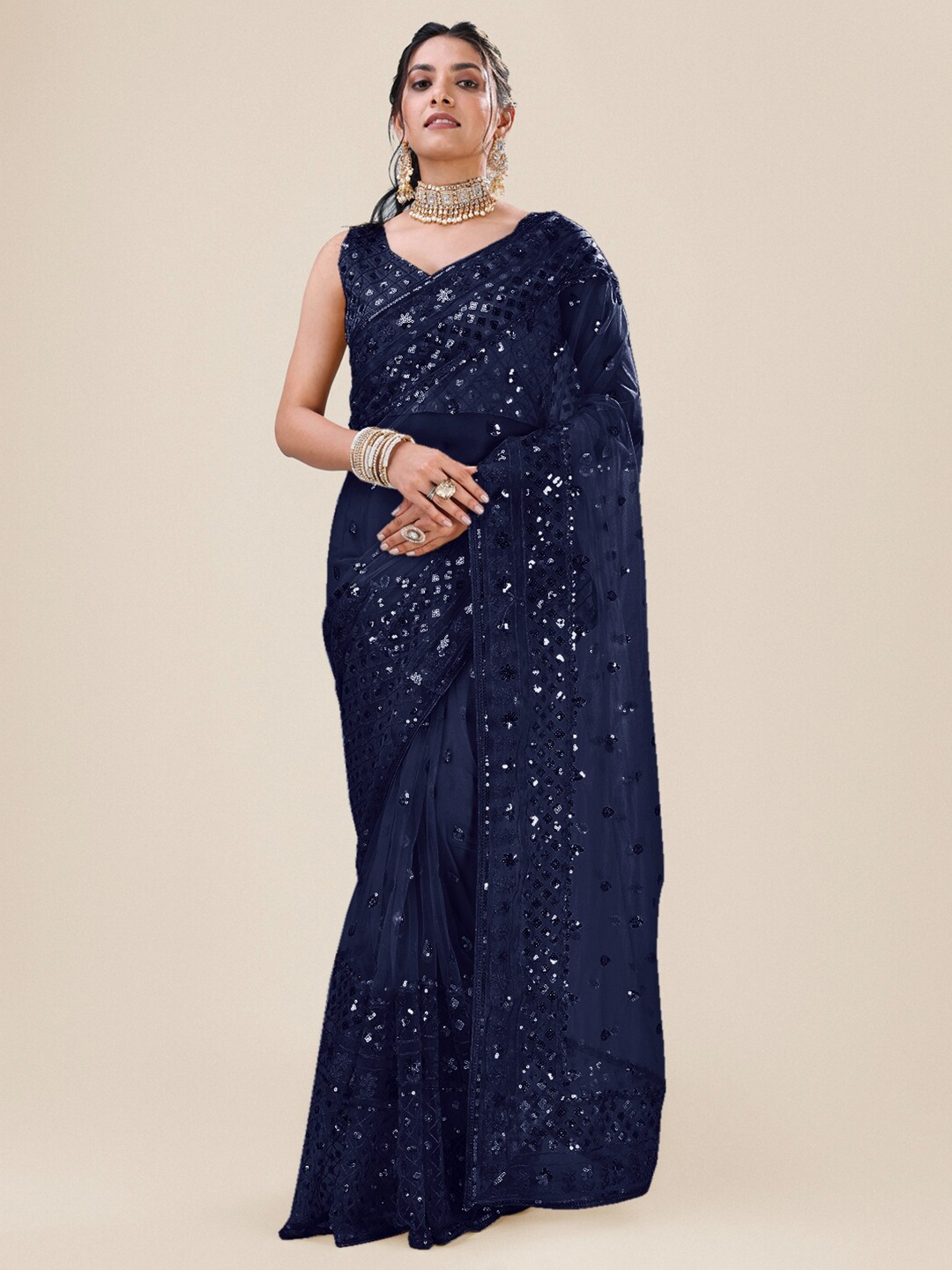 

Roykals Embellished Sequinned Net Saree, Navy blue