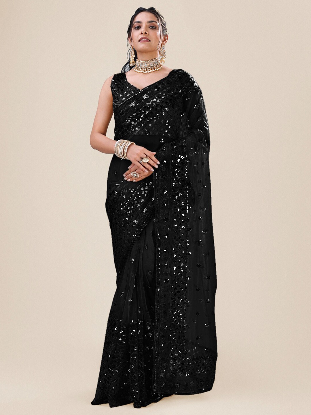 

Roykals Embellished Sequinned Net Saree, Black