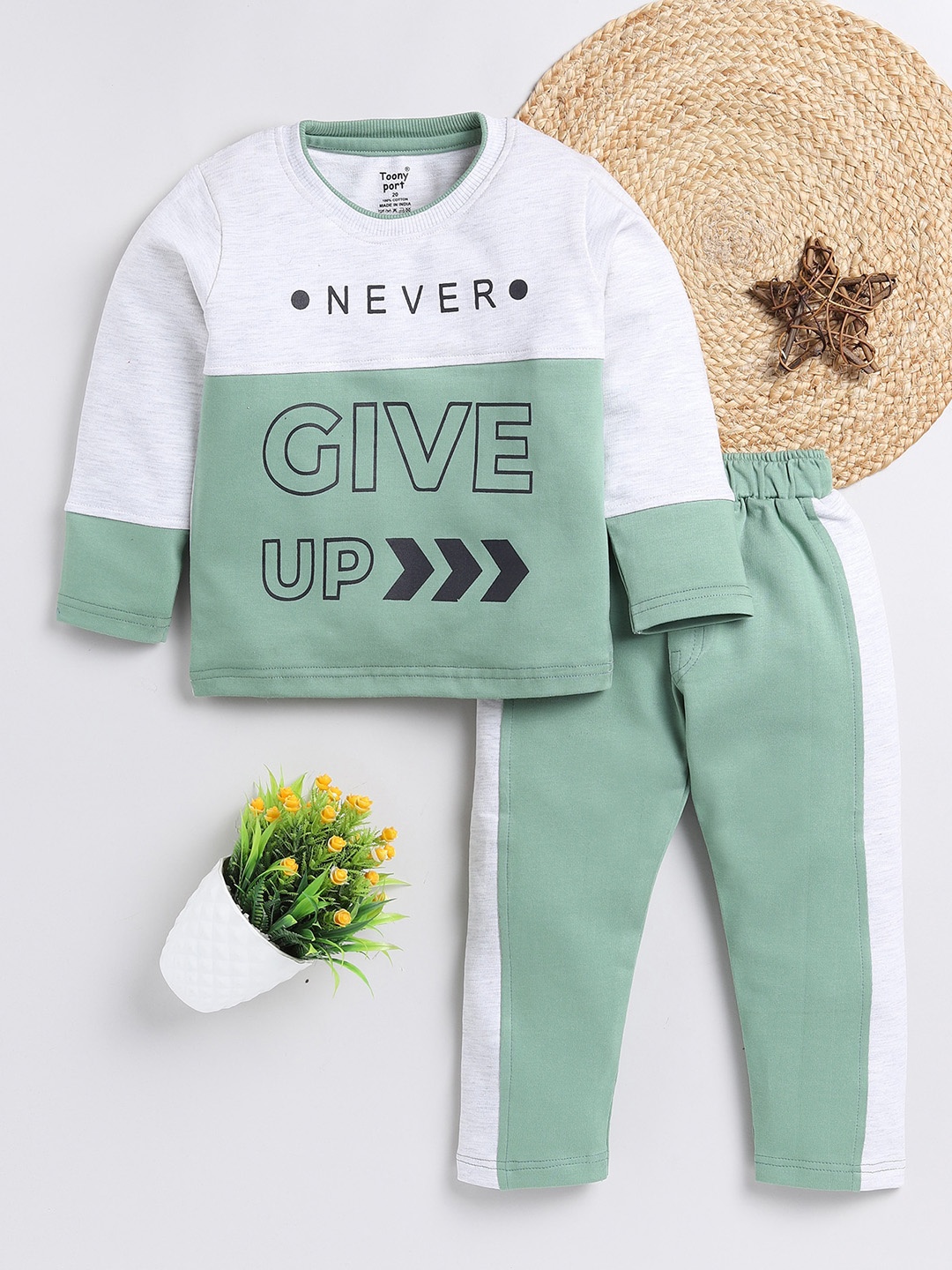 

Toonyport Boys Colorblocked Cotton Tracksuits, Sea green