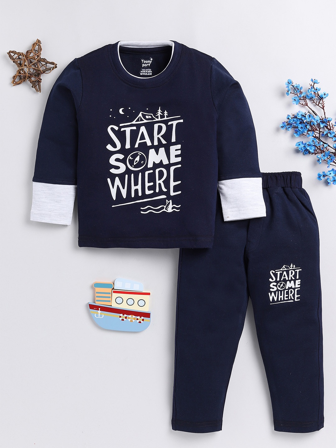 

Toonyport Boys Typography Printed CottonTracksuit, Navy blue