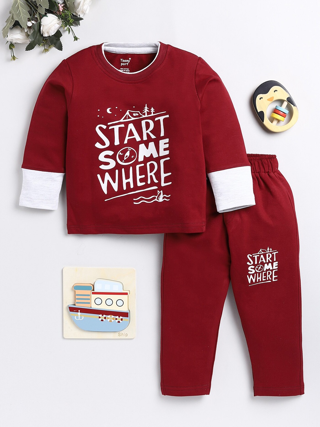 

Toonyport Boys Typography Printed Cotton Tracksuit, Red