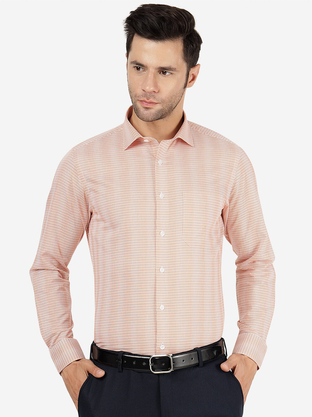 

METAL Micro Ditsy Printed Slim Fit Cotton Formal Shirt, Orange