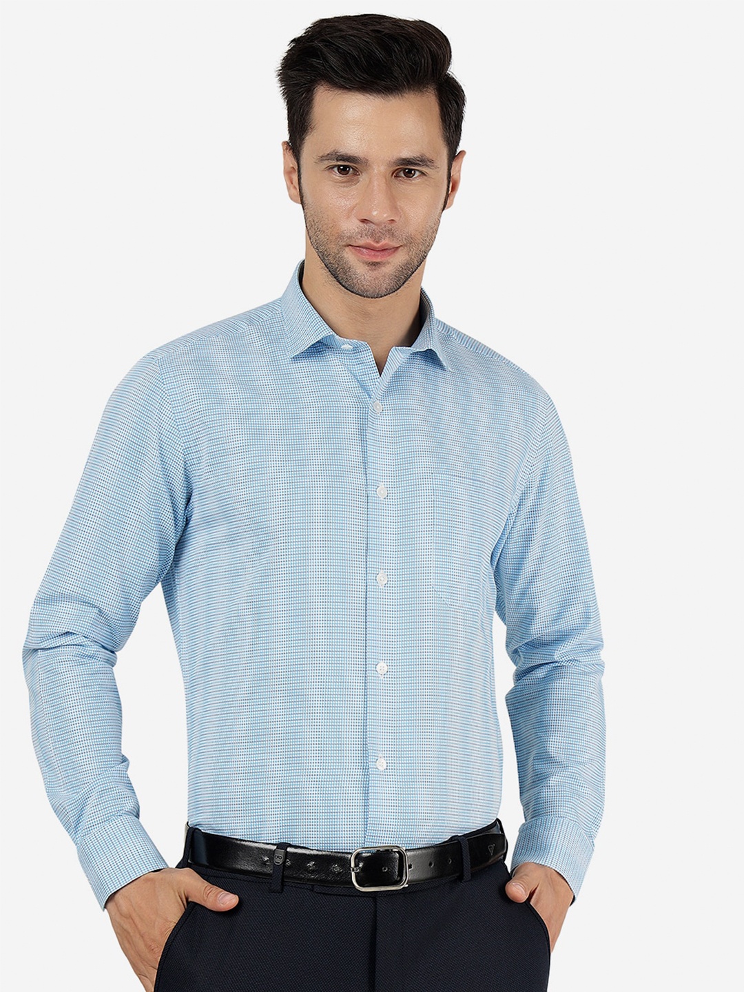 

METAL Micro Ditsy Printed Slim Fit Cotton Formal Shirt, Blue