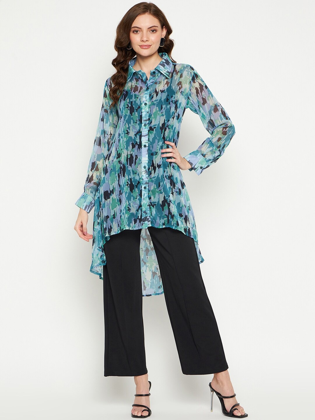 

Fashfun Abstract Printed Shirt Collar Cuffed Sleeves High-Low Longline Top, Green