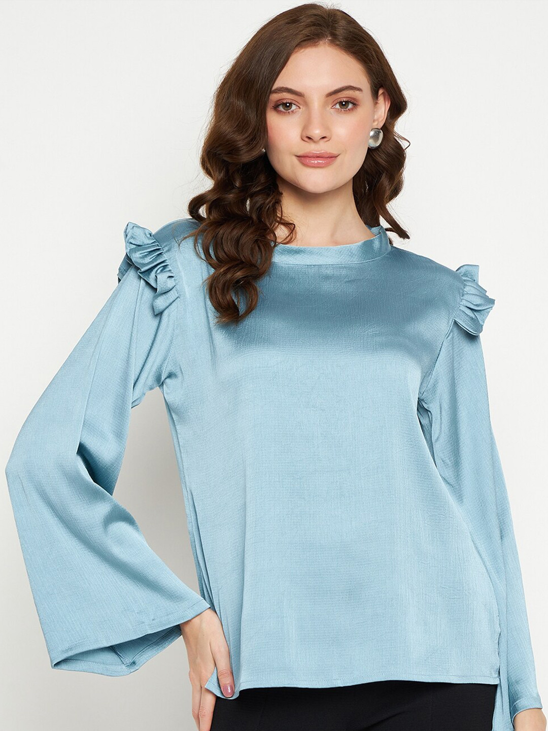 

Fashfun Flared Sleeves Satin Regular Top, Blue