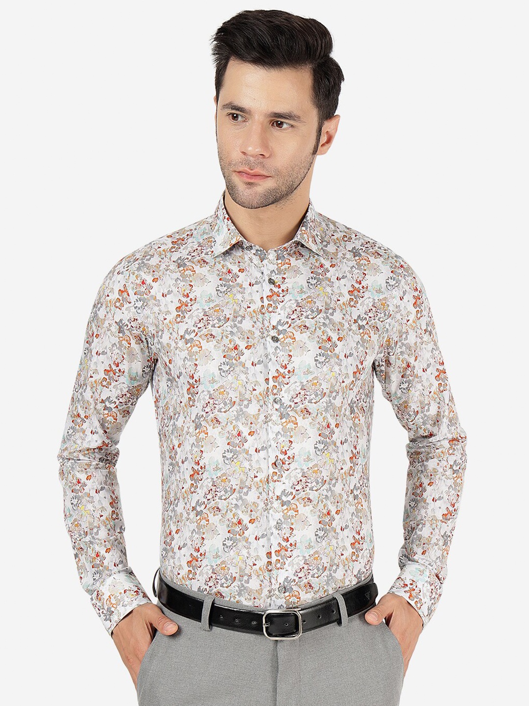JB STUDIO Slim Fit Floral Printed Cotton Formal Shirt, White