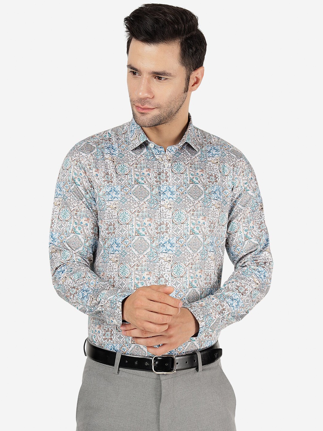 

JB STUDIO Slim Fit Ethnic Motifs Printed Spread Collar Cotton Formal Shirt, Cream